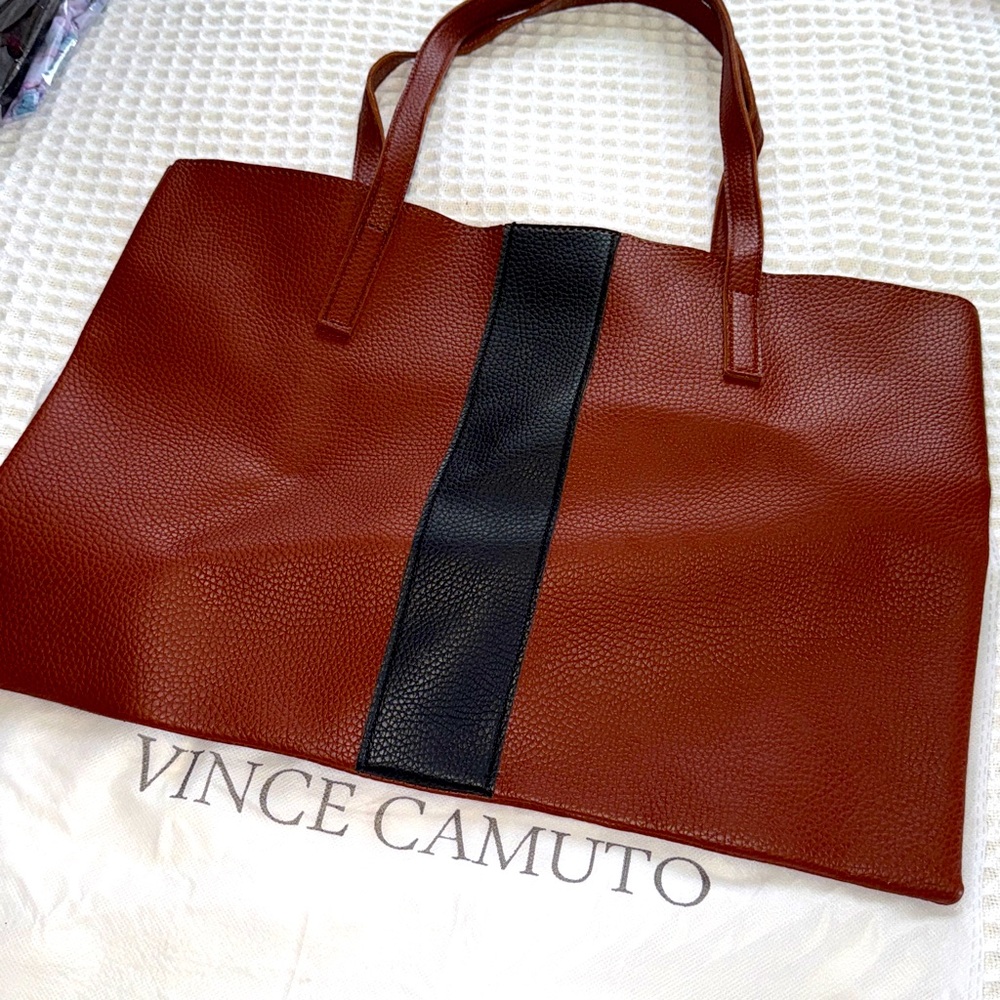 VINCE CAMUTO Tumbled Brown Vegan Leather With Black Stripe Tote Bag